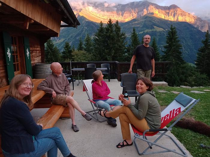 Anna, Jon, Angi Nolden, Susannah, Michel Skalezky, Holiday in Les Crosets, Switzerland, August 2022